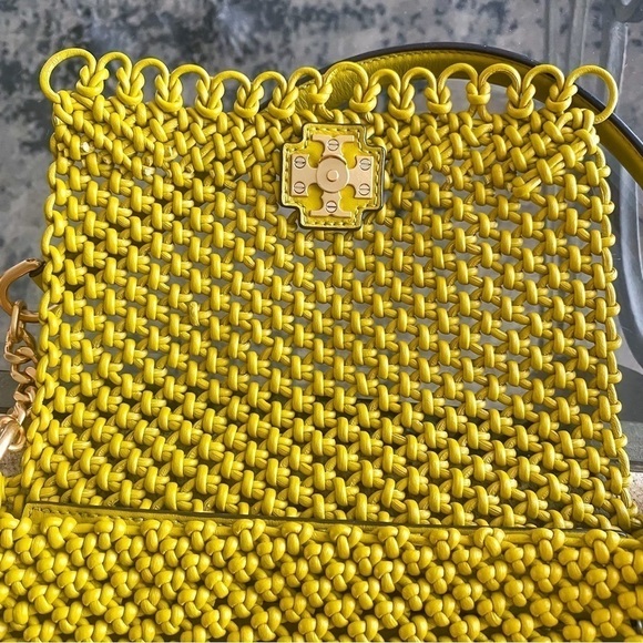 Tory Burch Bag Kira Chevron Macrame Woven Small Shoulder Leather Pear GUC - Picture 7 of 16